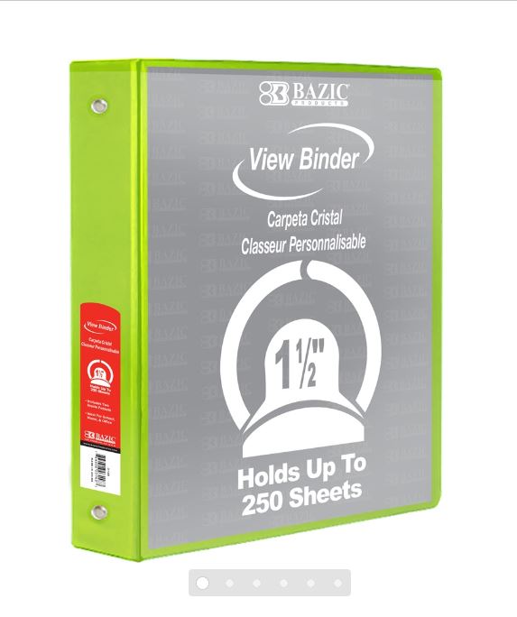 BAZIC 3 Ring 1.5" LIME GREEN #4144 View Binder - (12/ctn)