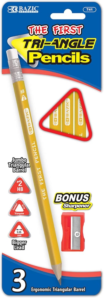 BAZIC Triangular Jumbo Pencil w/Sharpener 3pk
