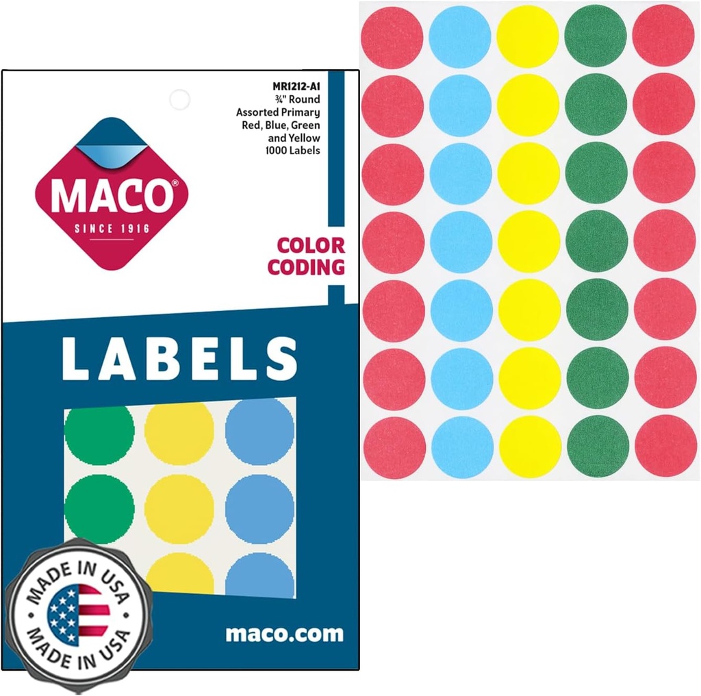 Maco Round Labels ASSORTED COLORS 3/4" 1000's - (18/bx)