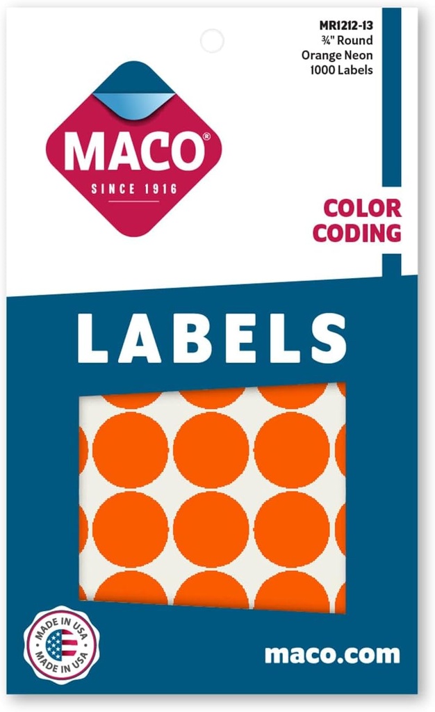 Maco Round Labels ORANGE GLOW 3/4" 1000s - (18/bx)