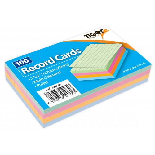 Tiger Record Ruled Cards 5x3" Coloured 100pk