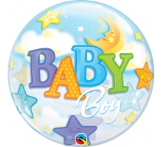 Qualatex 22" Moon & Stars Baby Boy Bubble Balloon w/Helium, Ribbon & Bubble Weight