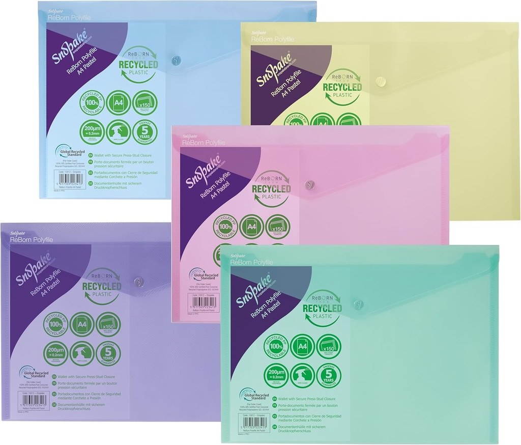 Snopake GRS Reborn Polyfile A4 Pastel Asst. (Sold Sing) - (5/pk)