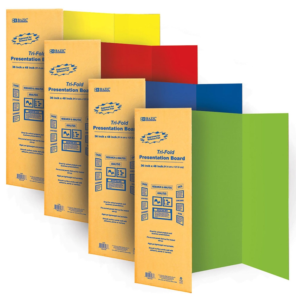 Bazic Tri-Fold Display Boards Green/Blue/Red/Yellow - (24/ctn)