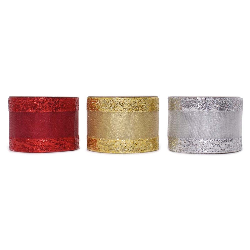 XMAS Fabric Ribbon Spool #X9615A (Per Roll) Red/Gold/Silver