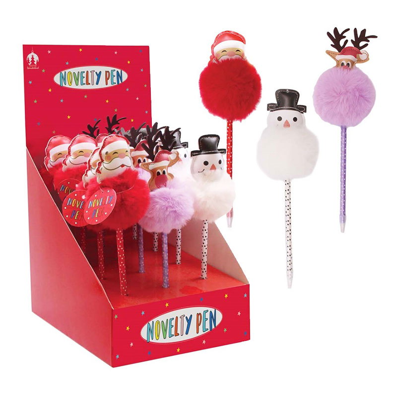 XMAS Fluffy Top Novelty Character Pen 3 Designs -  Singular (12/Display box)