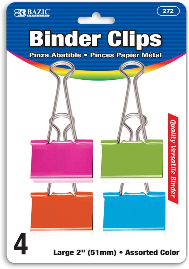 Bazic Binder (Foldback) LARGE Coloured 2" Clips (Per 4Pk) - (24/bx)
