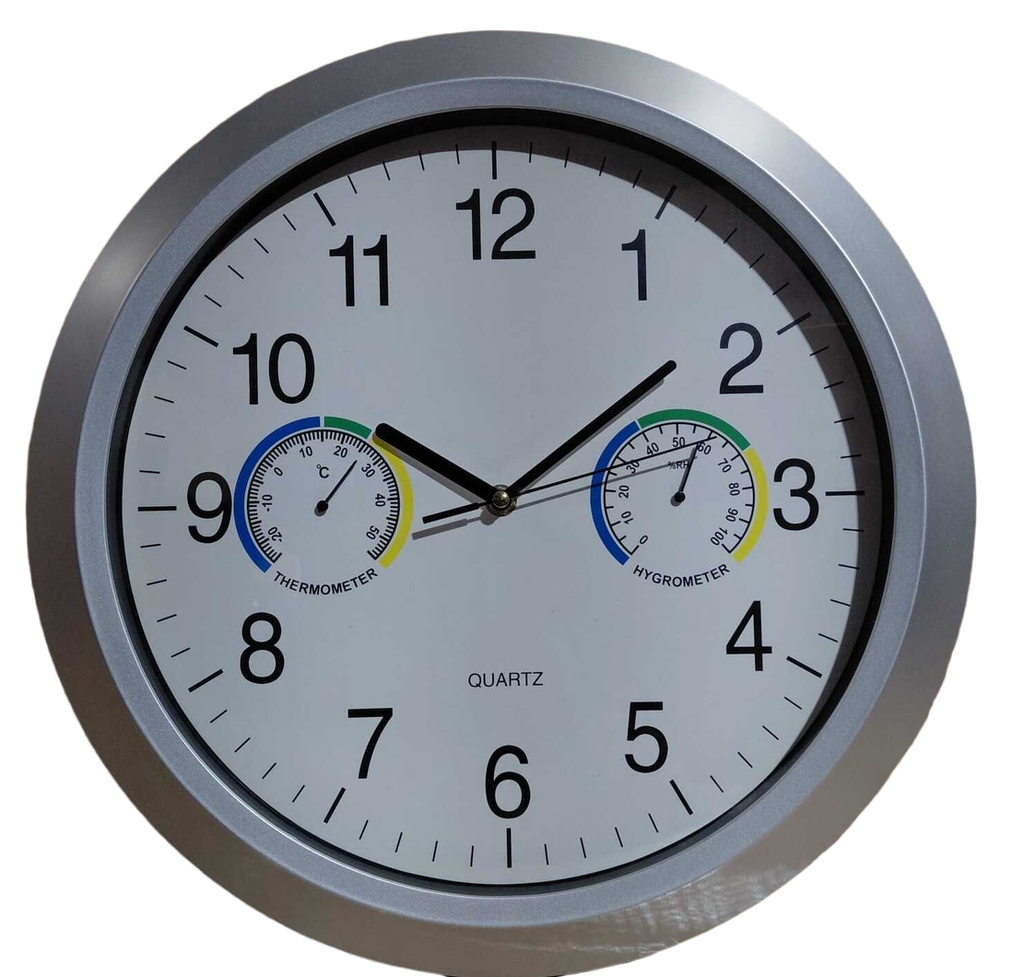 Wall Clock 15" Plastic w/Thermometer & Hygrometer