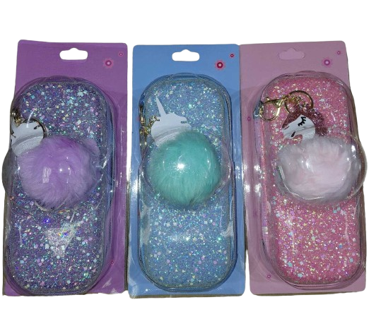 Pencil Case Glittered #8826 w/Unicorn Pom Pom Asst Cols (Molded)