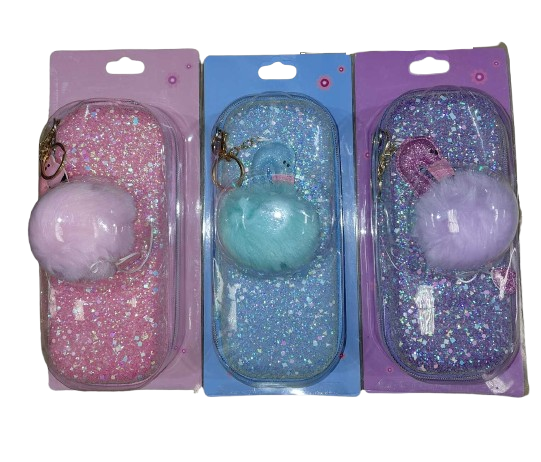 Pencil Case Glittered #8825 w/Flamingo Pom Pom Asst Cols (Molded)