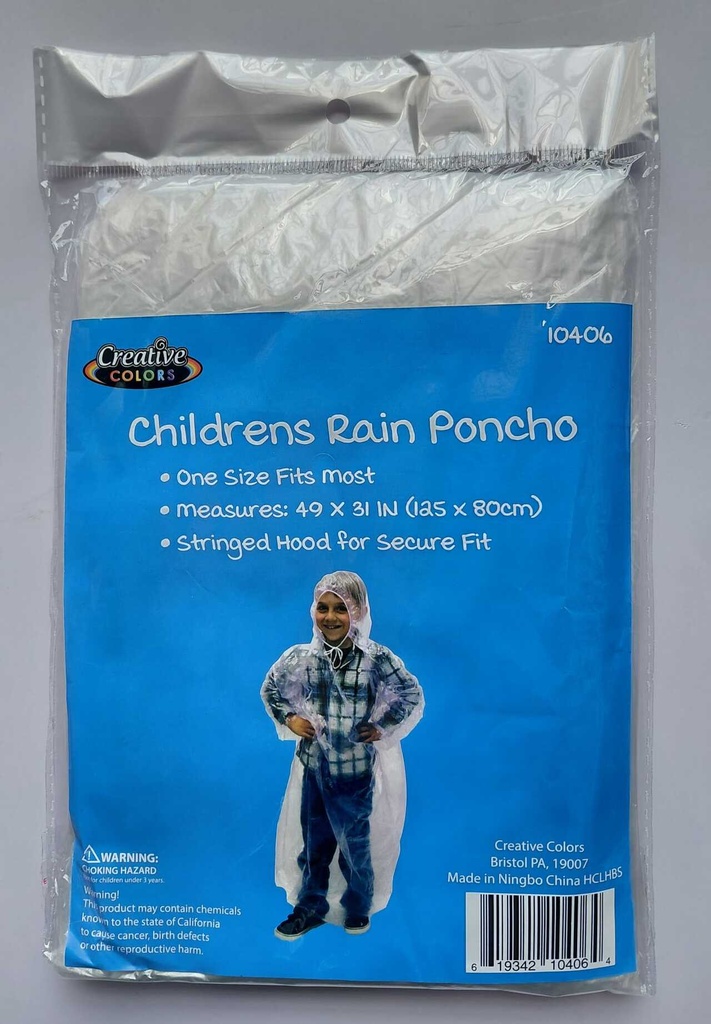 Children's Poncho w/Hood Clear - Disposable