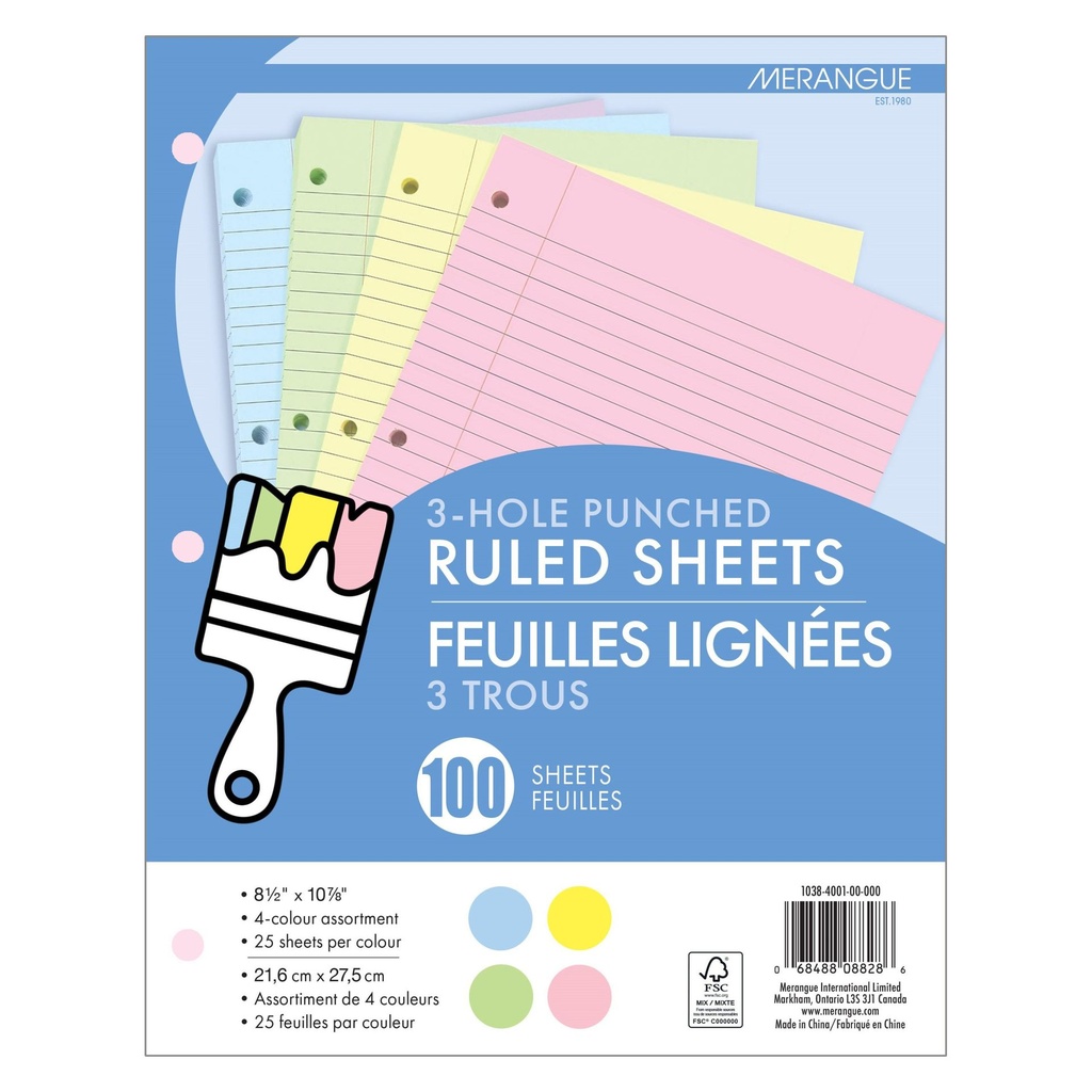 Refill Ruled Coloured Sheets 3 Hole 100pk #1038-4001