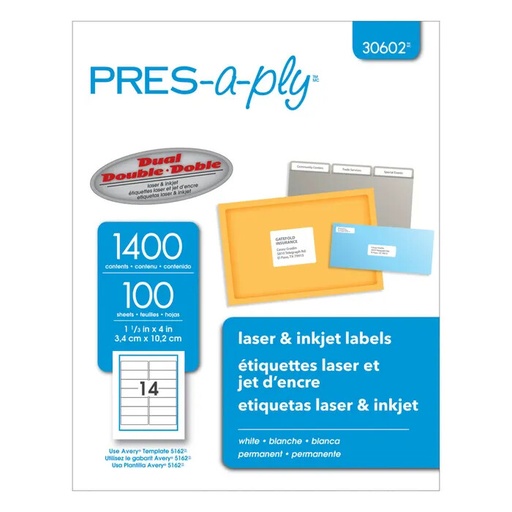 [AV30602] Laser Label 1 1/3x4" Pres-A-Ply 1400/pk