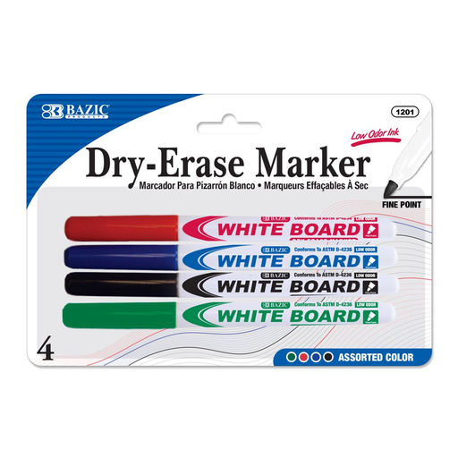 [BZ1201] Bazic Dry Erase ASST. Fine Tip Marker 4pk -  (24/bx)