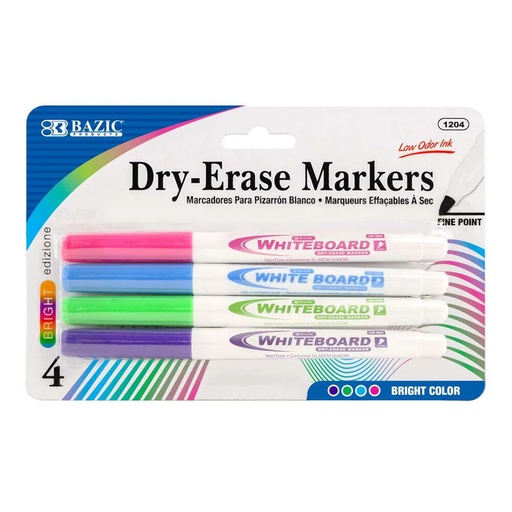 [BZ1204] Bazic Dry Erase BRIGHT Fine Tip Marker 4pk - (24/bx)