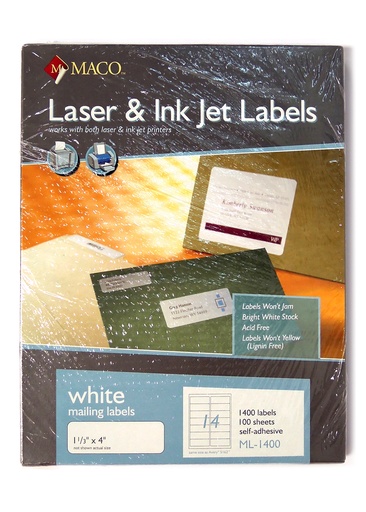 [ML1400] Maco Laser Labels 1-1/3 x 4" White 