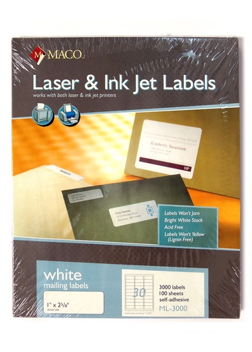 [ML3000] Maco Laser Labels 1x2-5/8" White 