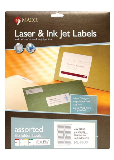 [MLFF30] LASER/INK JET F/Folder Label Cols L/S 750pk