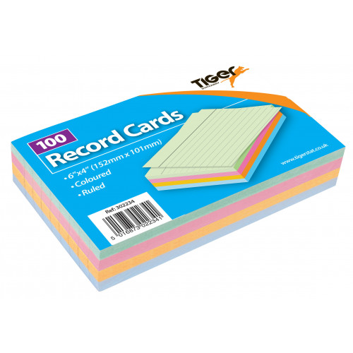 [TS302234] Tiger Record Ruled Cards 6x4" Coloured 100pk