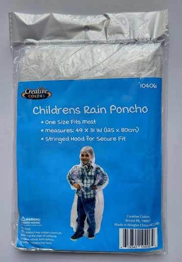 [BY10406] Children's Poncho w/Hood Clear - Disposable
